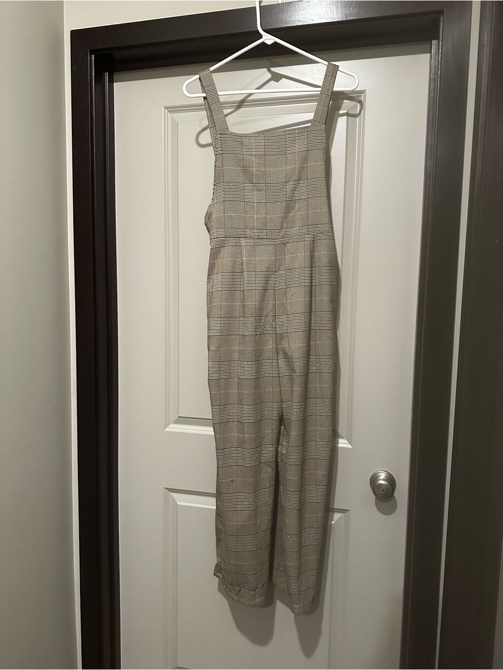 Sadie & Sage Plaid Square-Neck Jumpsuit in Beige